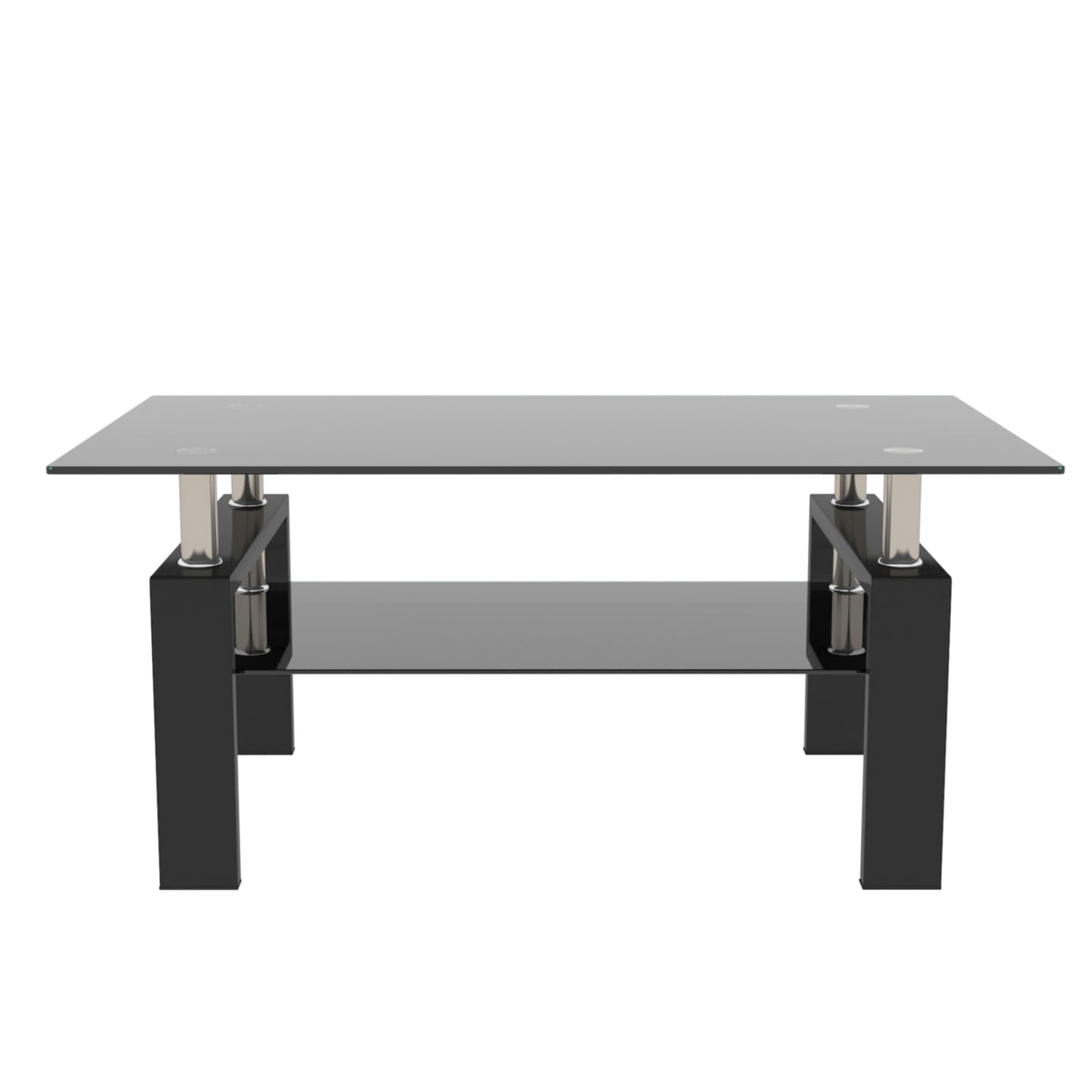 Rectangular glass coffee table with black frame and four chrome corner supports