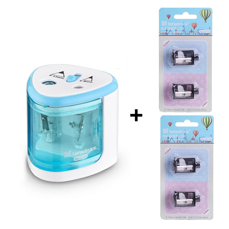 Two-hole electric pencil sharpener with blue body plus spare blade pack