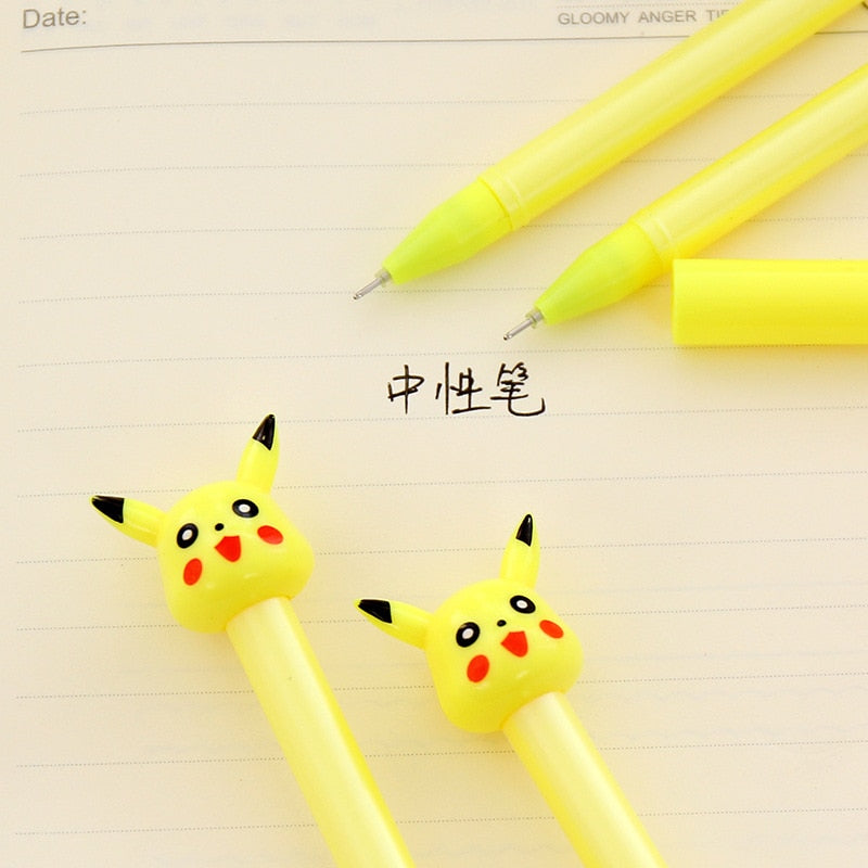 Close-up of yellow Pikachu gel pens with black ink point and cute character caps