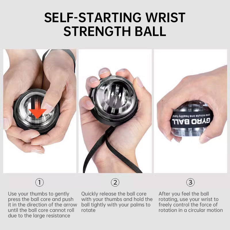Black wrist gyro strength ball with strap, held in hands