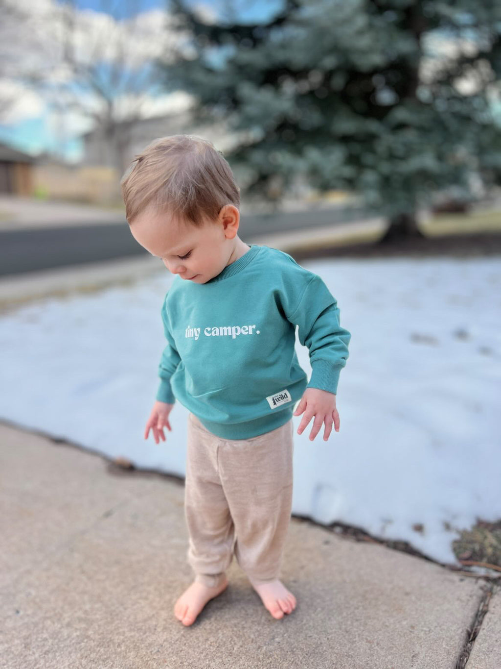 Teal crewneck pullover on a toddler, long sleeves with ribbed cuffs.