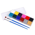 12-color water-soluble body paint palette with two brushes and clear lid
