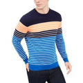 Men's striped crewneck sweater with long sleeves and ribbed neckline; blue/navy
