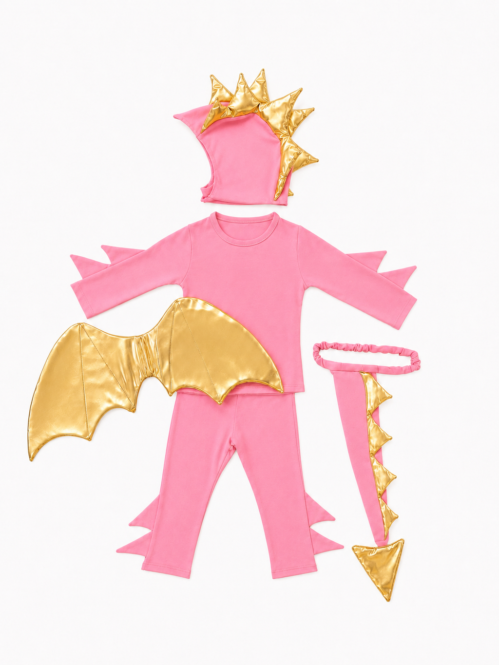 Pink dragon costume set with gold batlike wings and matching tail