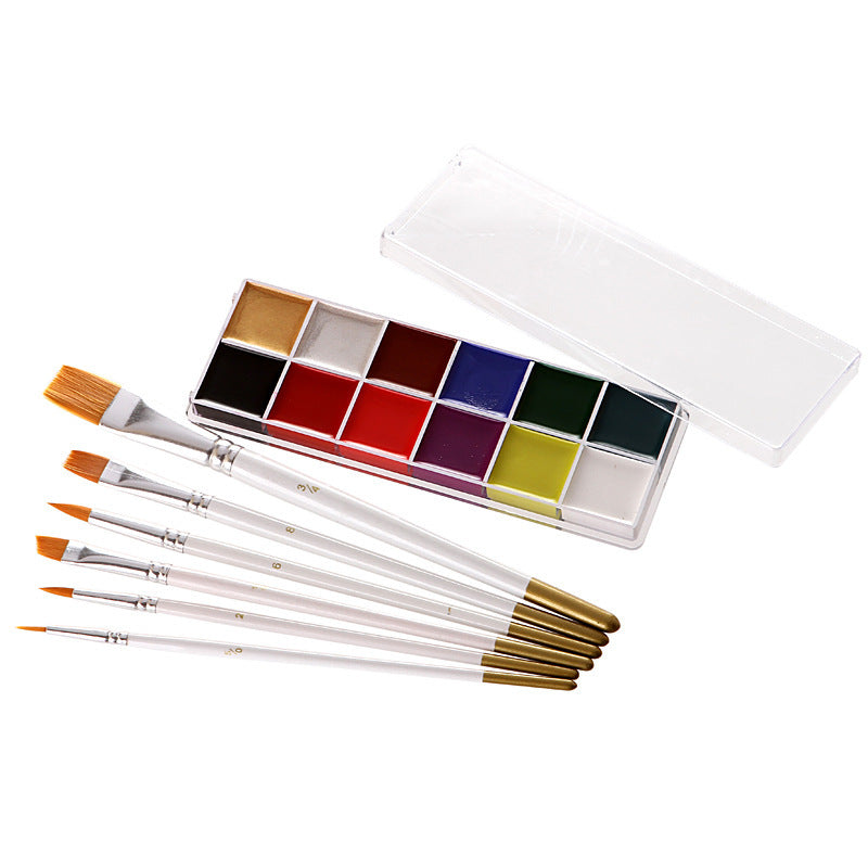 Water-soluble body paint set with 12-color tray and multiple detail brushes