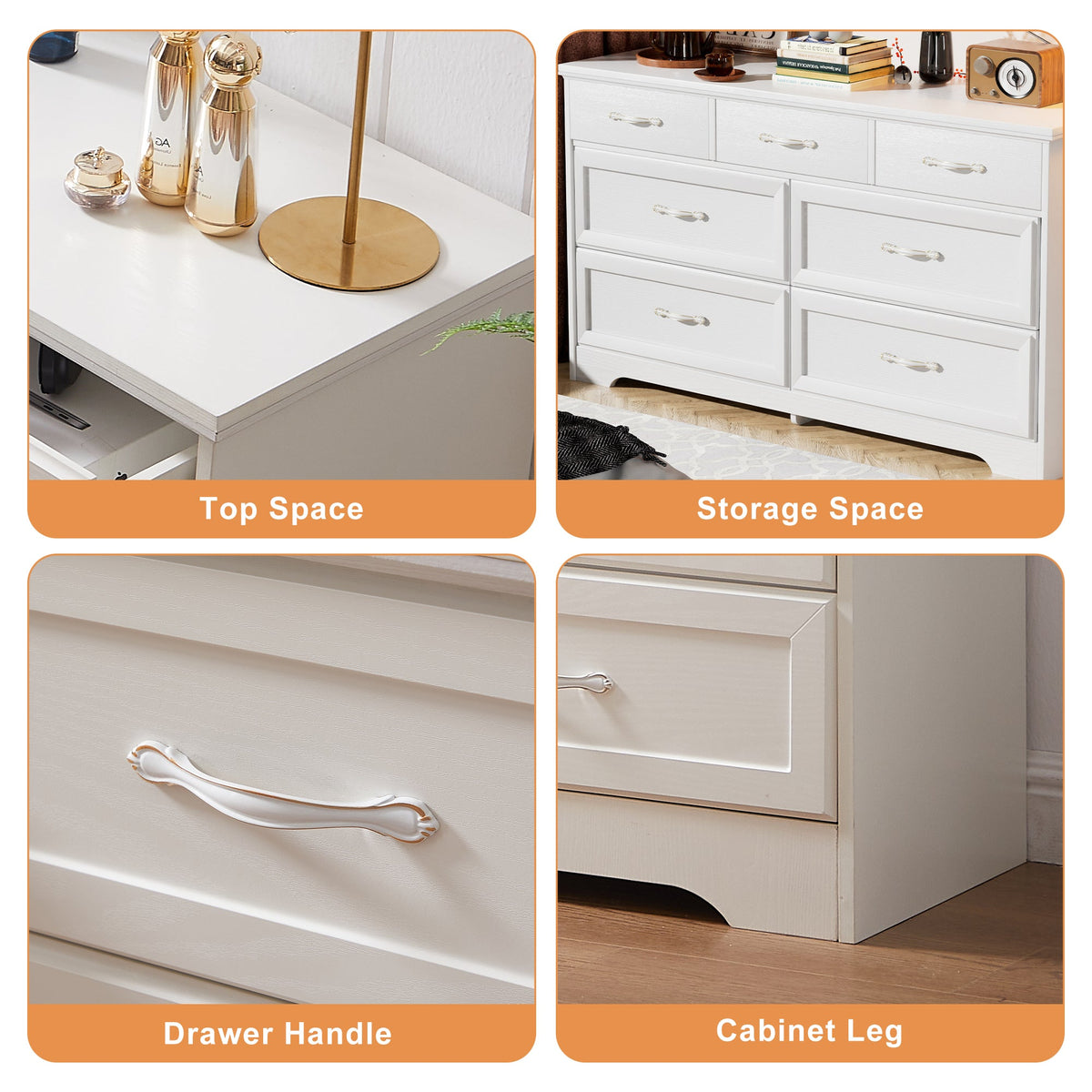 White dresser chest details showing drawer handle and cabinet leg