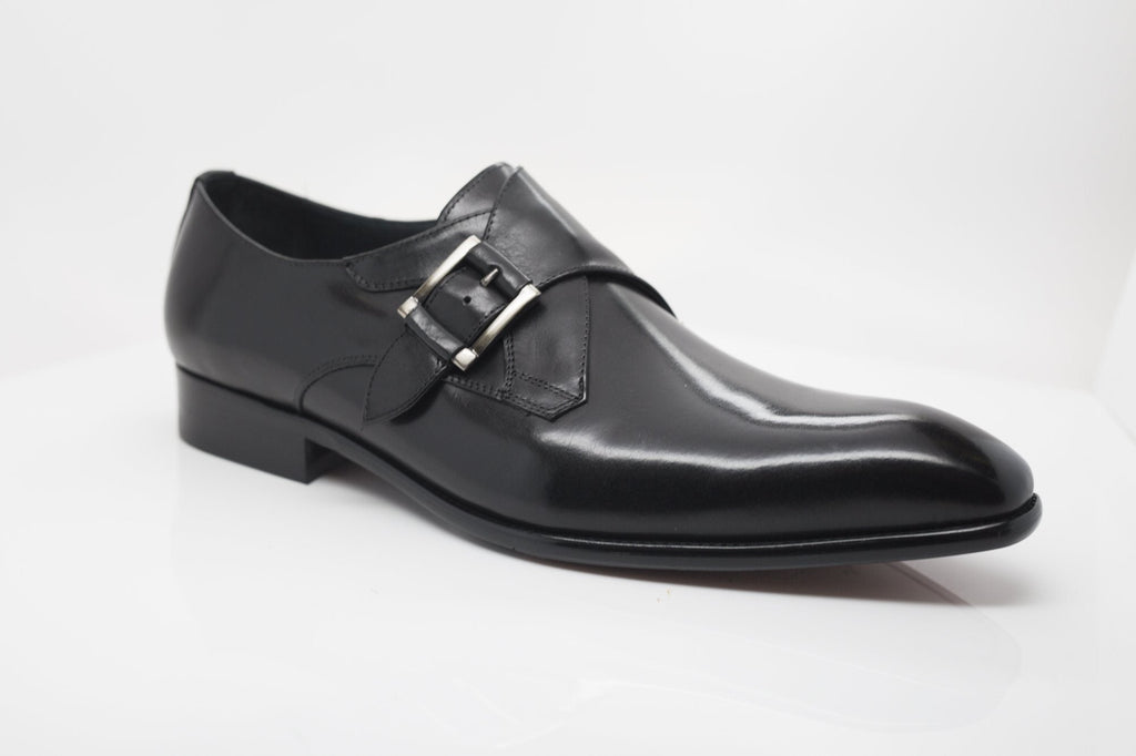 Black monk strap leather dress shoe with buckle strap and low block heel
