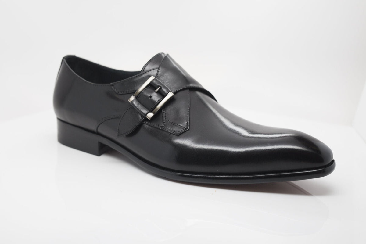 Black monk strap leather dress shoe with buckle strap and low block heel
