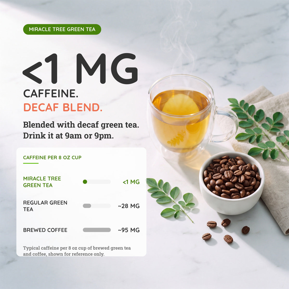 Miracle Tree moringa decaf green tea blend with <1 mg caffeine graphic and tea cup