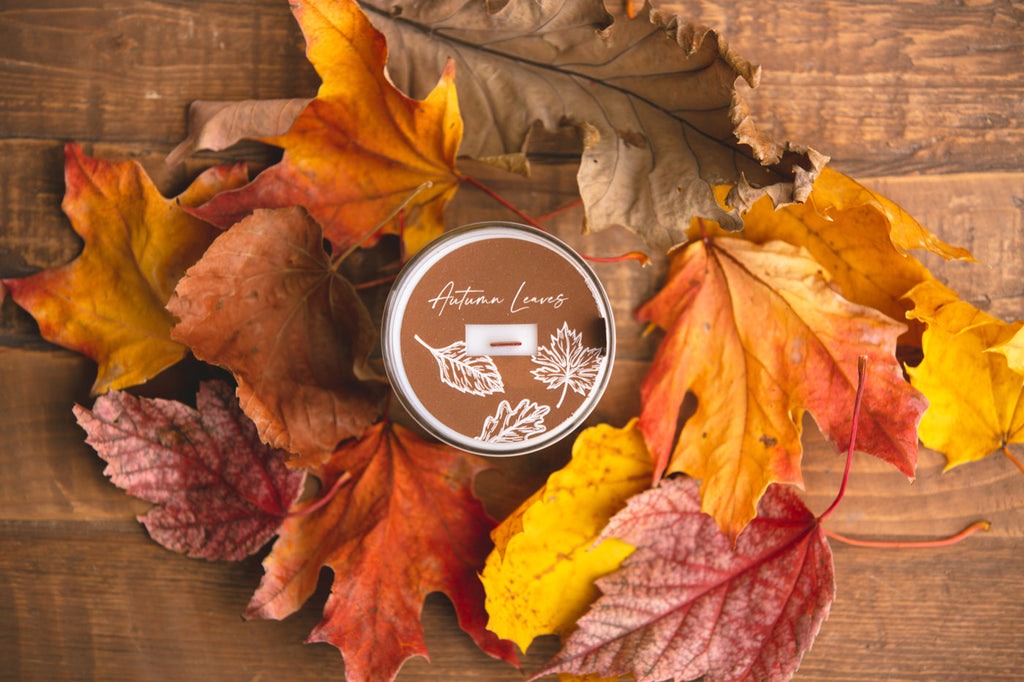 Autumn Leaves wooden wick candle tin with leaf label on round metal lid