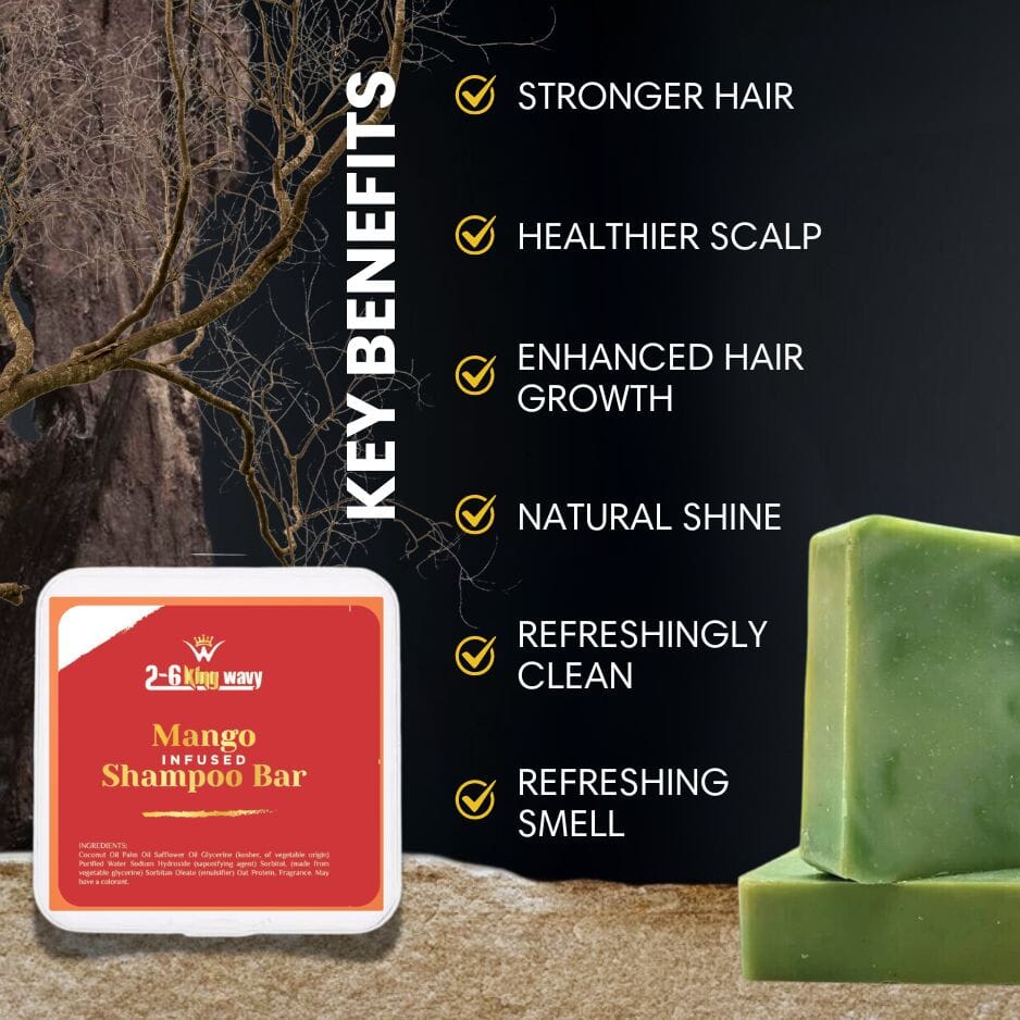 Green shampoo bar beside a small Mango shampoo bar box
