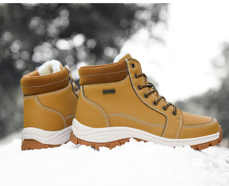 Men's winter ankle snow boots, tan with fleece lining and padded collar