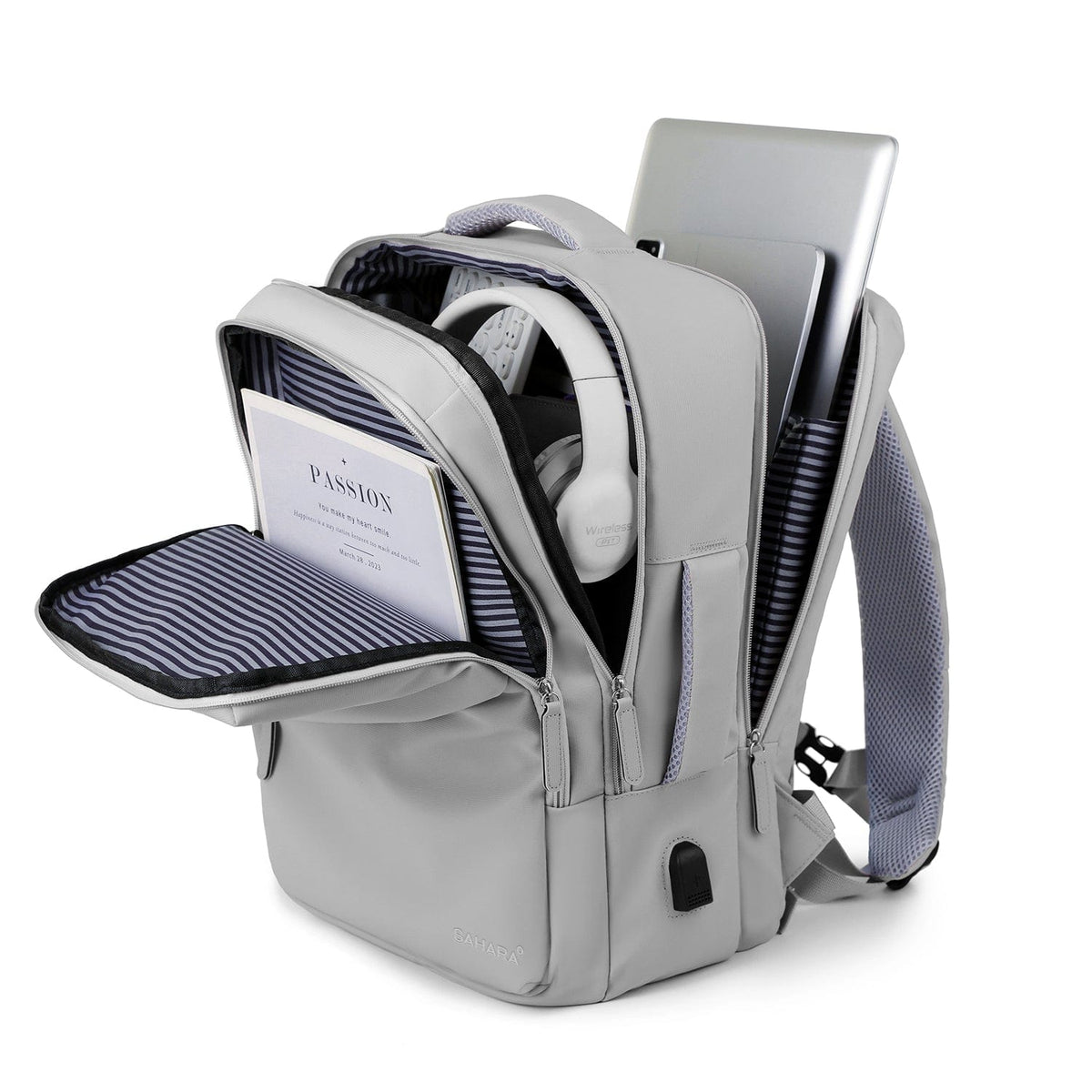 Storm gray travel backpack open with padded laptop sleeve and organizer pockets