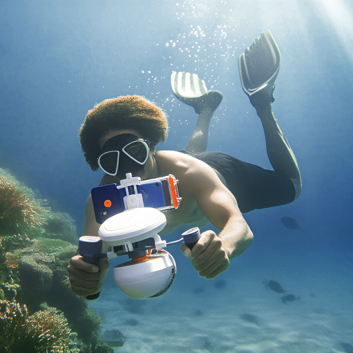 Clear waterproof phone case device with orange control pod held by scuba diver underwater