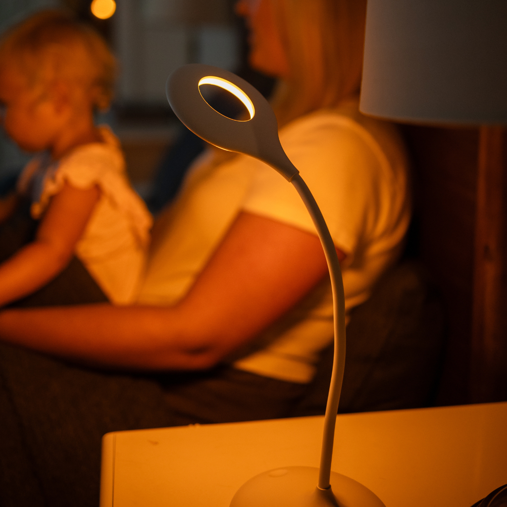 Warm-lit desk table lamp with curved gooseneck and circular diffuser