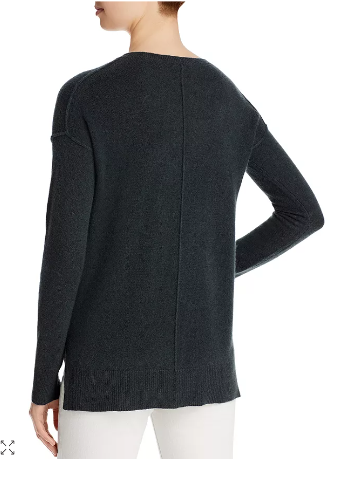 Dark gray cashmere high-low sweater from back view, 3/4 sleeves and crew neck