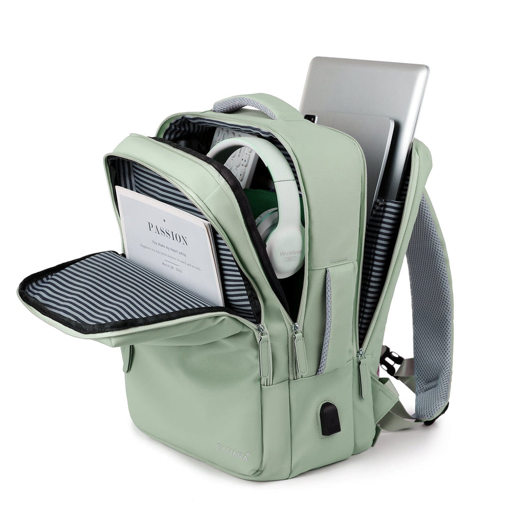 Light green travel backpack with open side compartments showing interior organizers