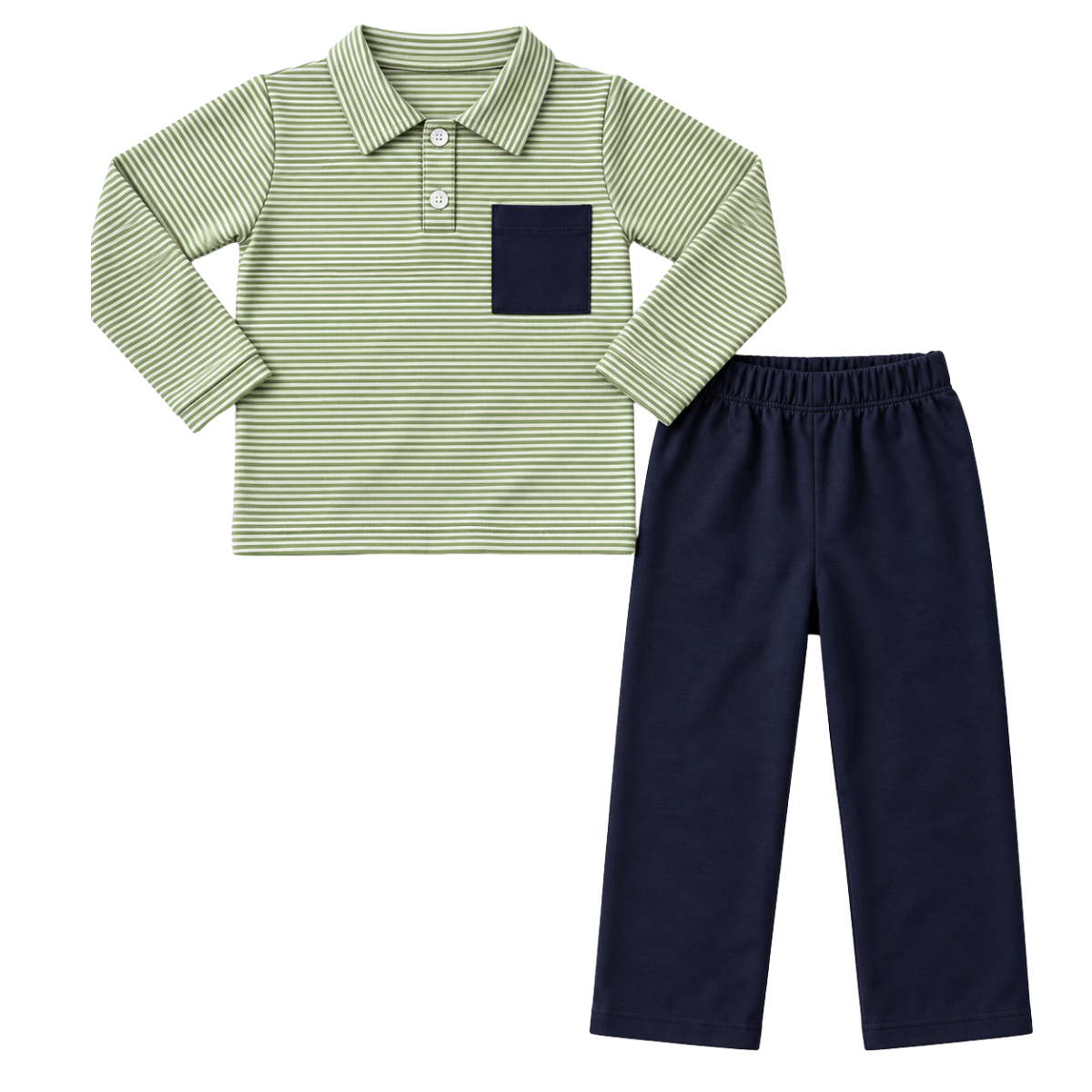 Boys striped polo shirt and pants set, light green with navy pocket and navy trousers
