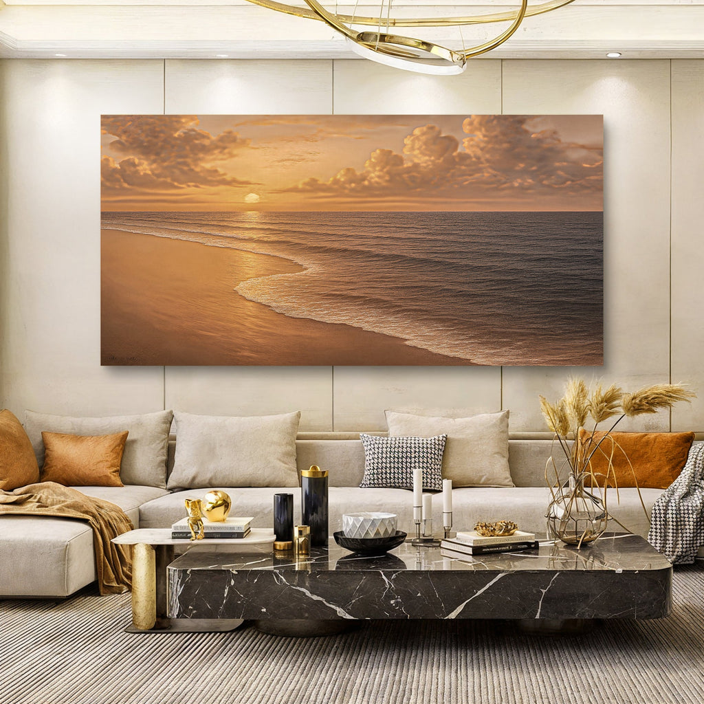 Beach shoreline landscape canvas wall art with sunset clouds and rolling waves