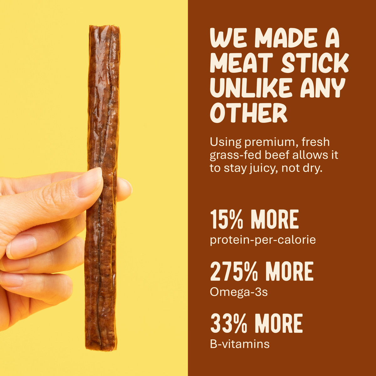 Single beef meat stick held upright beside unopened pouch