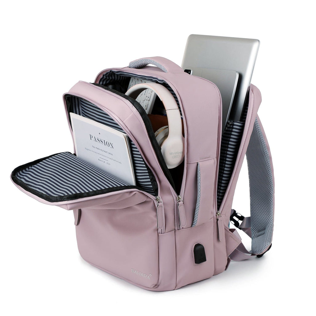 Purple travel backpack with side compartments open, revealing striped interior pockets