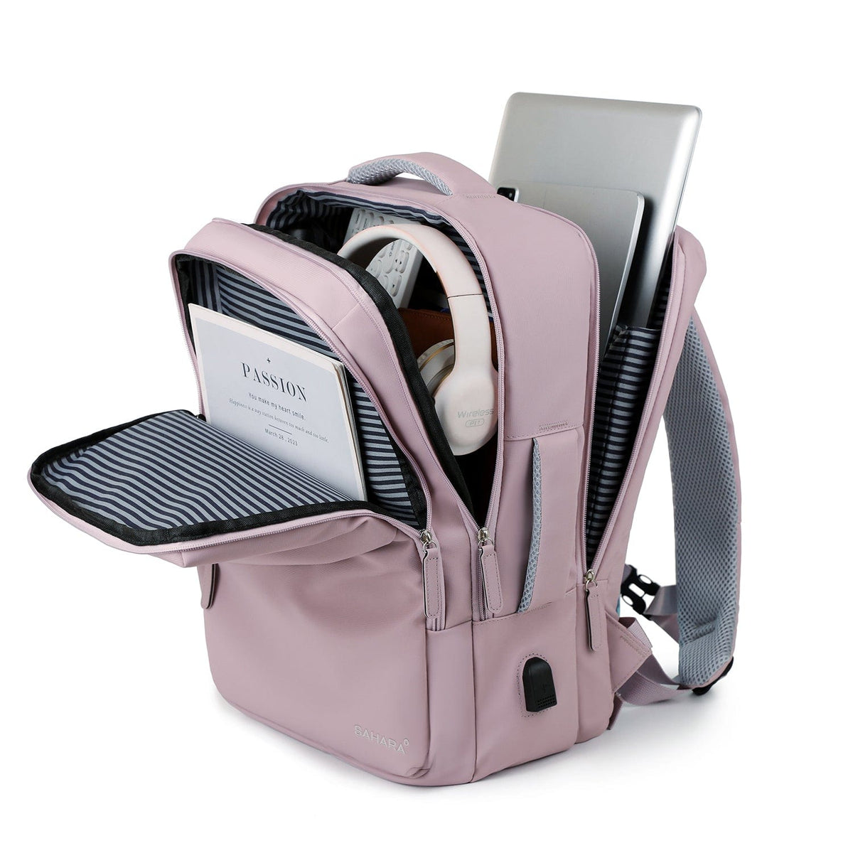 Purple travel backpack with side compartments open, revealing striped interior pockets