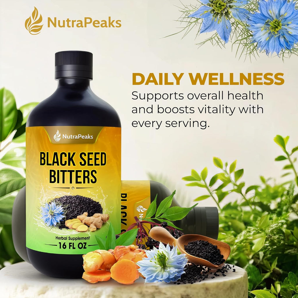 Black seed bitters bottle on white surface with herbs, seeds, and citrus accents.