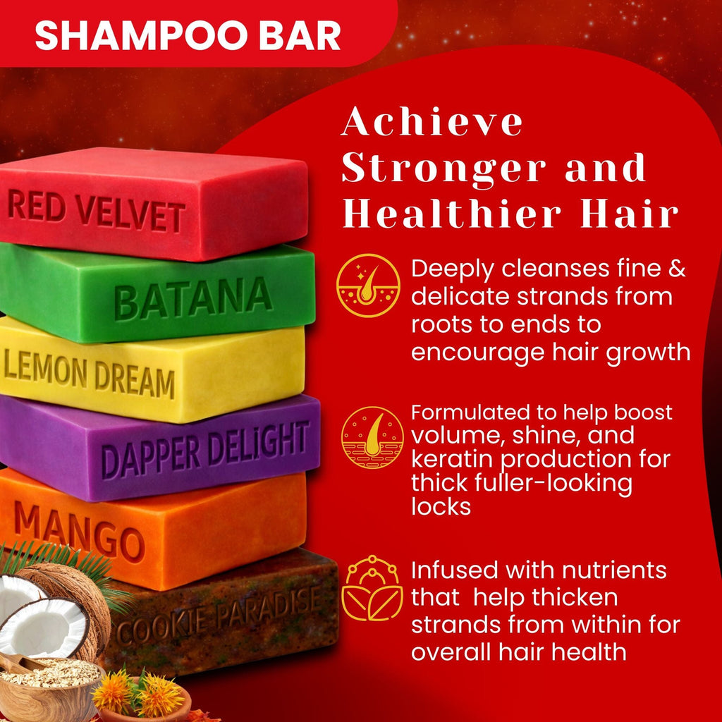 Multi-pack shampoo bars stacked: red, green, dark green and other colors
