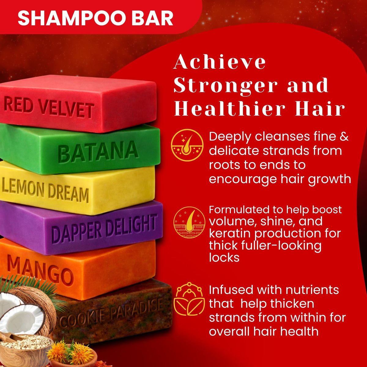 Multi-pack shampoo bars stacked: red, green, dark green and other colors