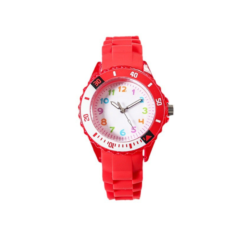 Red kids analog wristwatch with silicone strap, round bezel and number dial