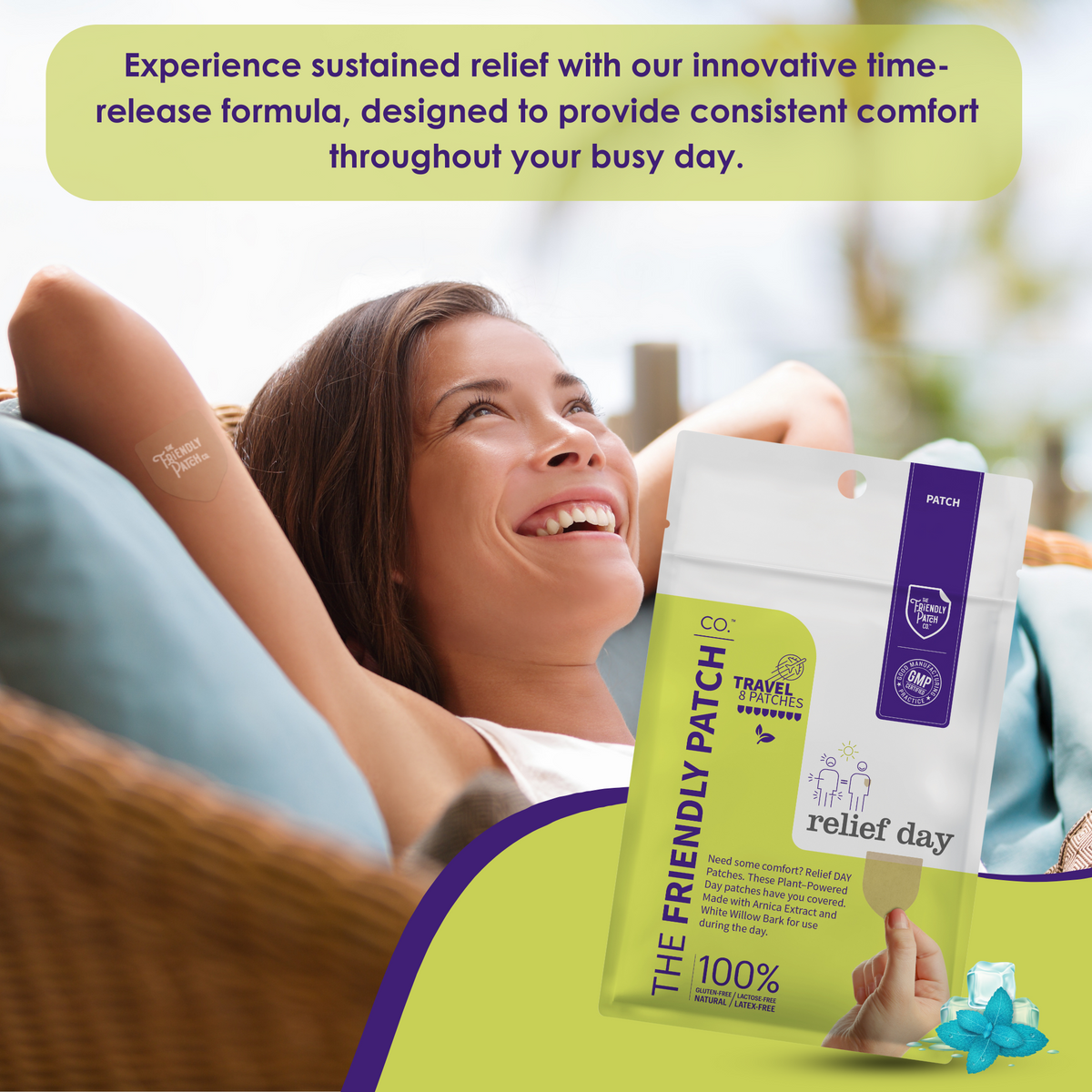 Adhesive patch on upper arm and relief day patch pouch held in hand