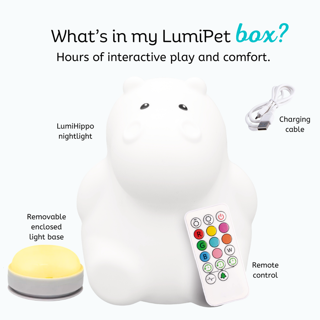 LumiPets Honey hippo touch night light with removable base, remote, and charging cable