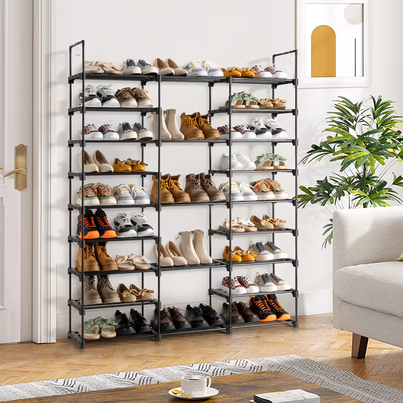Multi-layer shoe rack organizer with black metal frame, open shelves, shoe storage