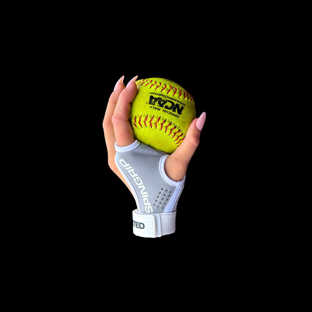Softball training grip with neon yellow softball held in gray padded wrist strap