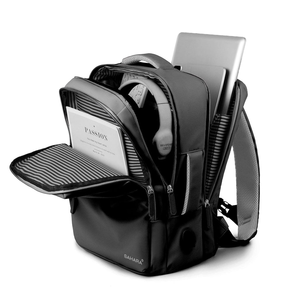 Black backpack open to padded compartments and side mesh organizer with sleeves.