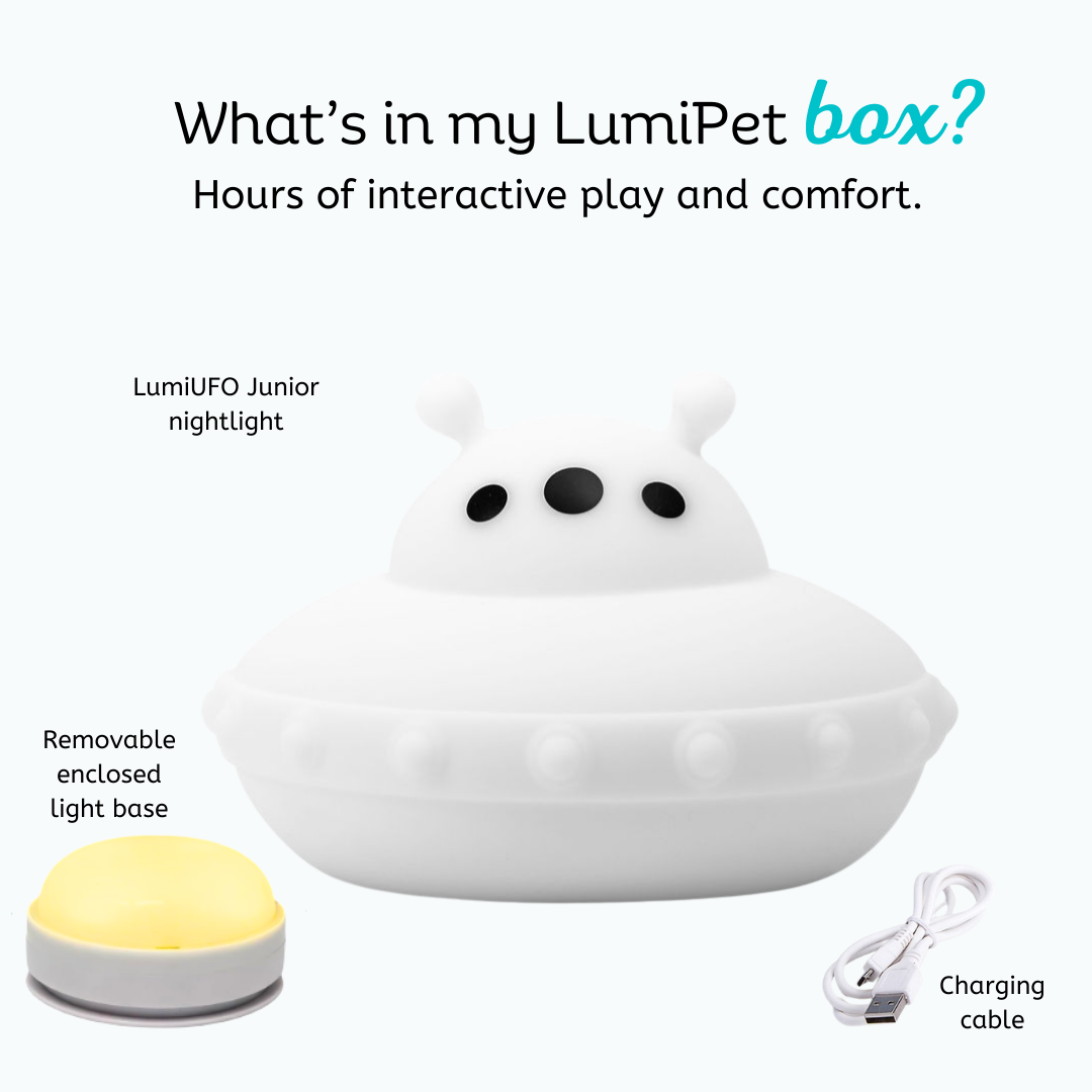 White UFO junior night light with removable enclosed light base and charging cable