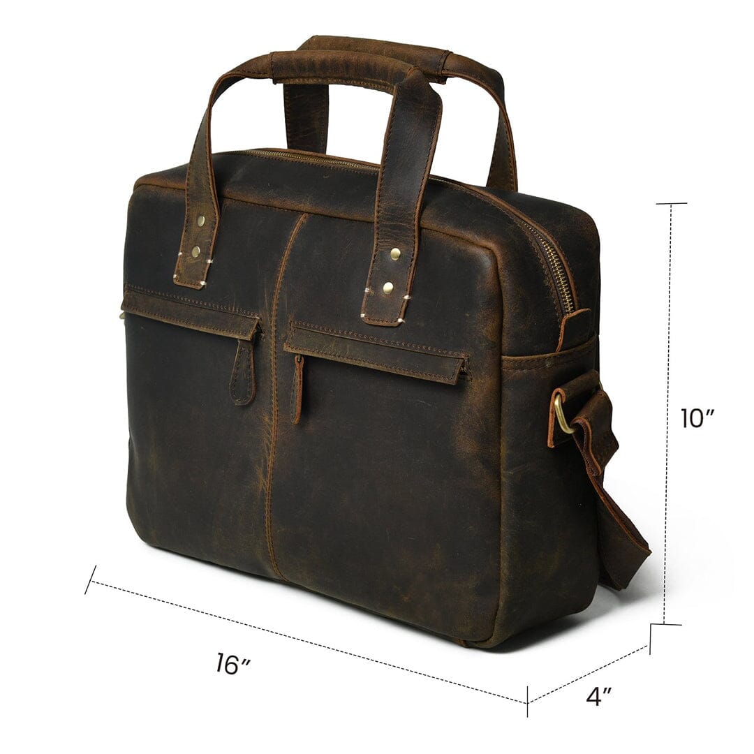 Dark brown leather briefcase dimensions: 16" x 10" x 4" with shoulder strap