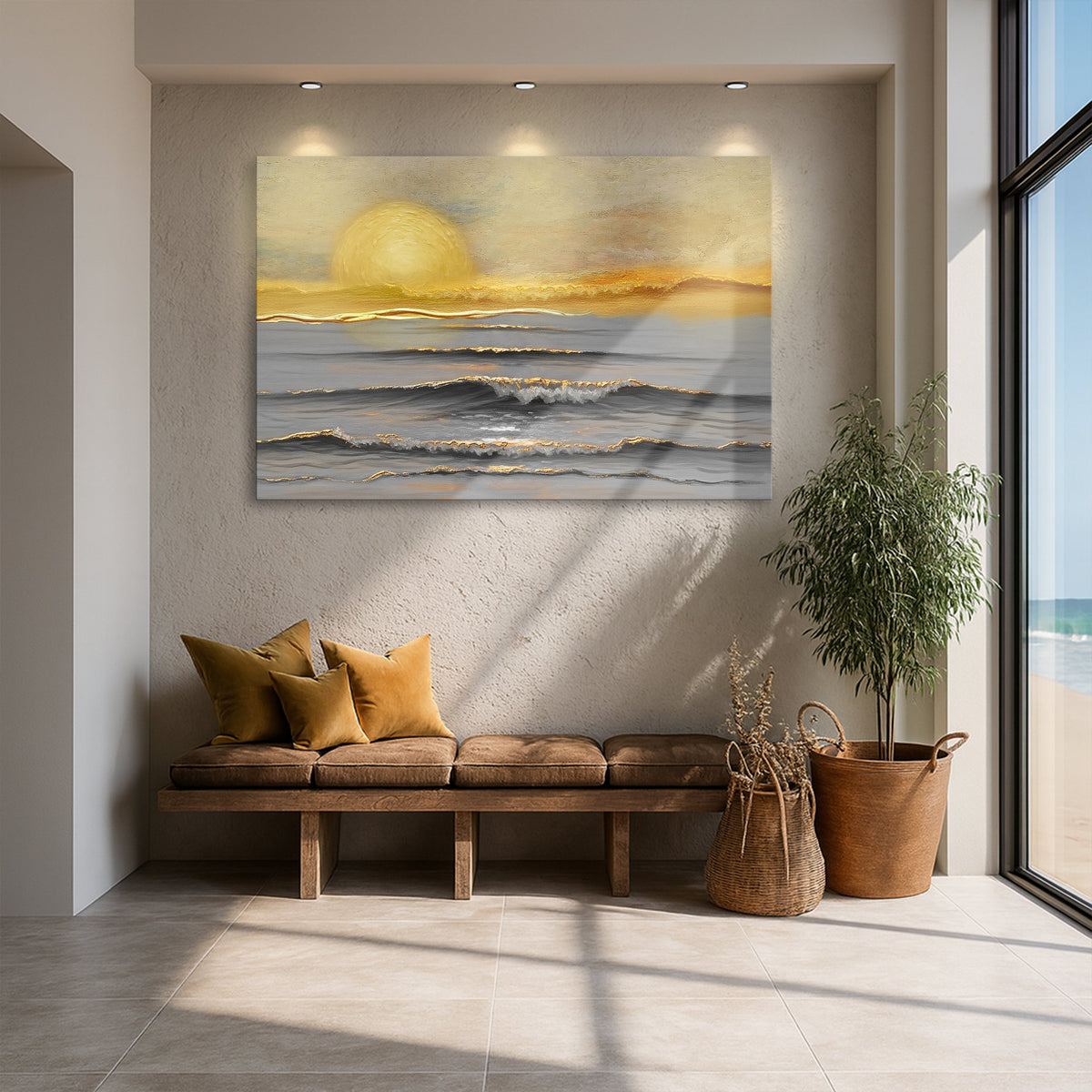 Wall art canvas with glowing golden sun and ocean surf waves in warm sunset tones.