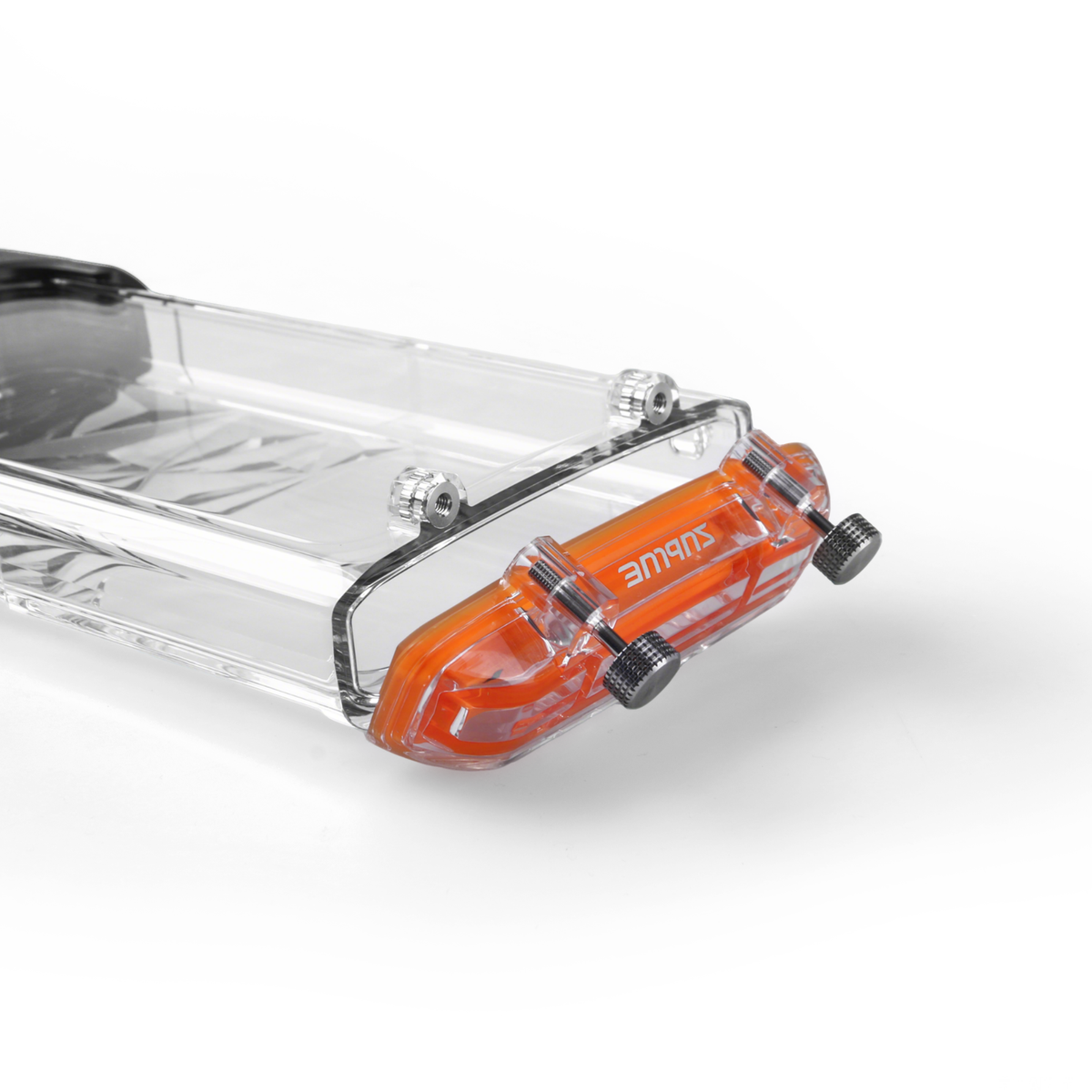 Close-up of clear waterproof phone case with orange control module and mounting posts