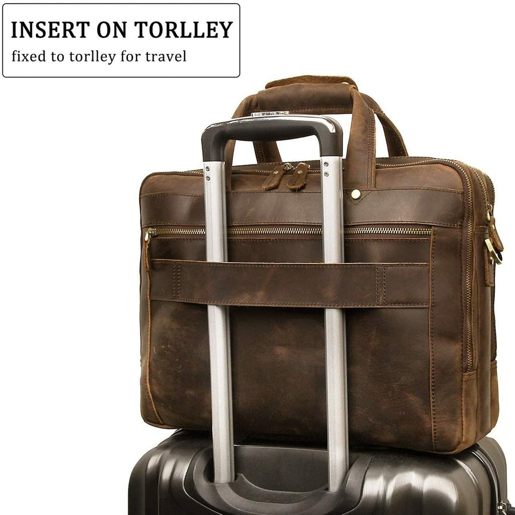 Brown leather briefcase with trolley sleeve and sturdy carry handle