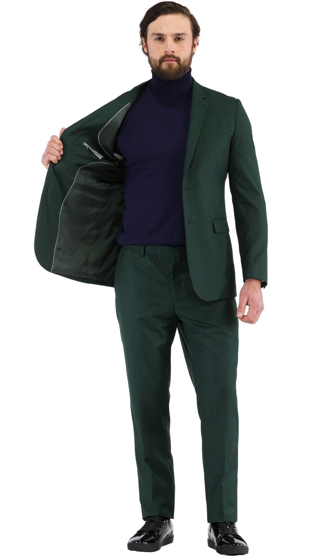 Men's hunter green slim-fit suit blazer held open, showing inner lining and pockets