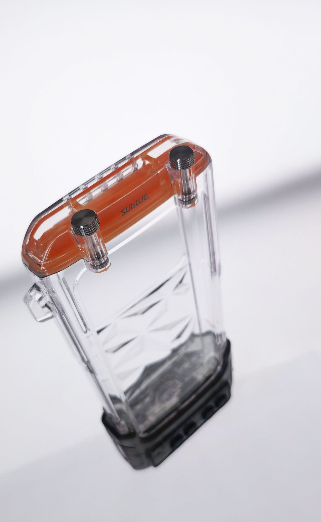 Clear waterproof phone case with orange top bar and black bottom bezel