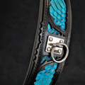 Black leather dog collar with bright blue python-scale inlay and metal D-ring