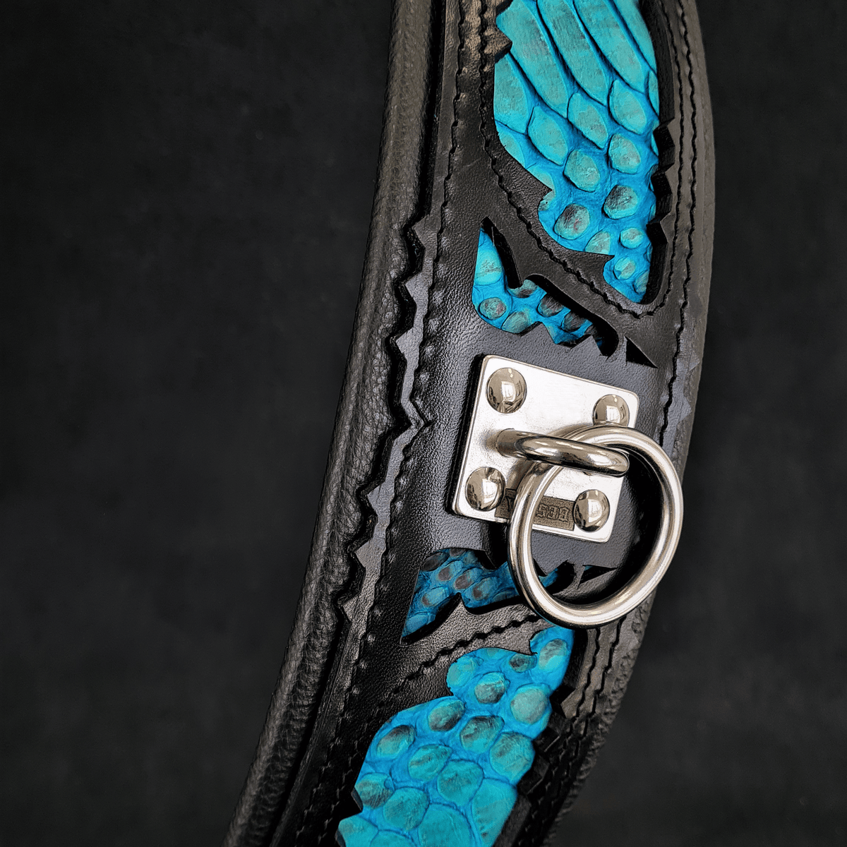 Black leather dog collar with bright blue python-scale inlay and metal D-ring