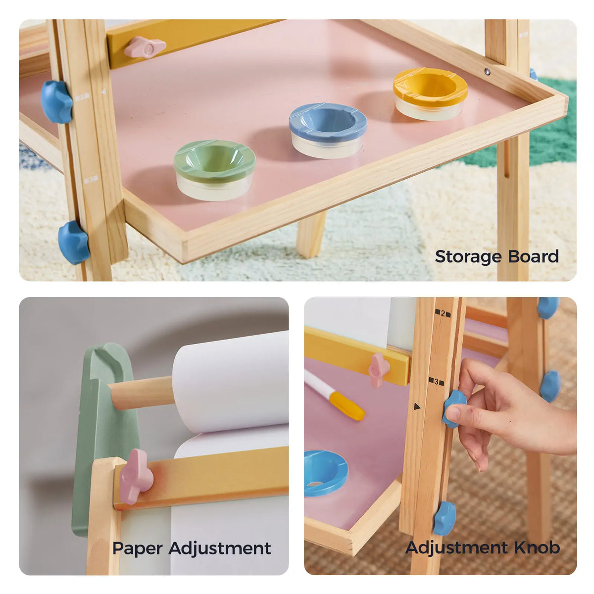 Kids art easel with storage board, paper rollers, and adjustment knobs