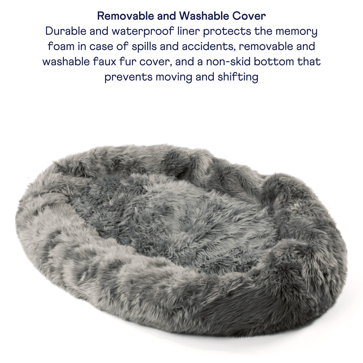 Charcoal grey plush faux fur dog bed with removable washable cover, oval base