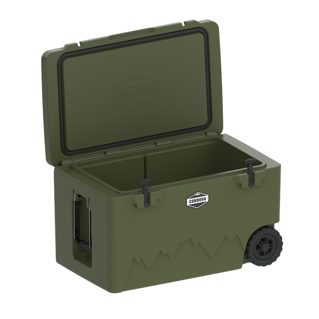 125 qt wheeled cooler with lid open, interior compartment, latch hardware, and wheels; dark green