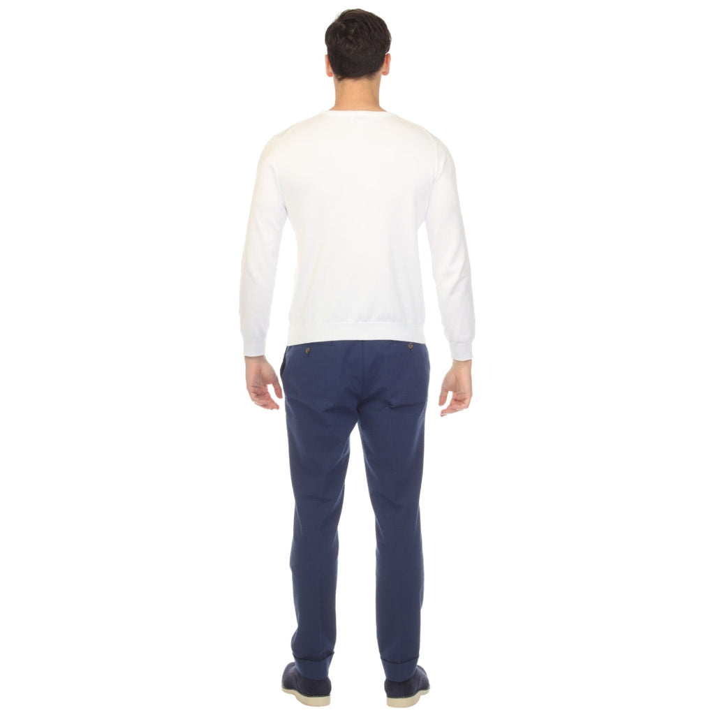 Men's white crewneck knitted pullover sweater with long sleeves, back view