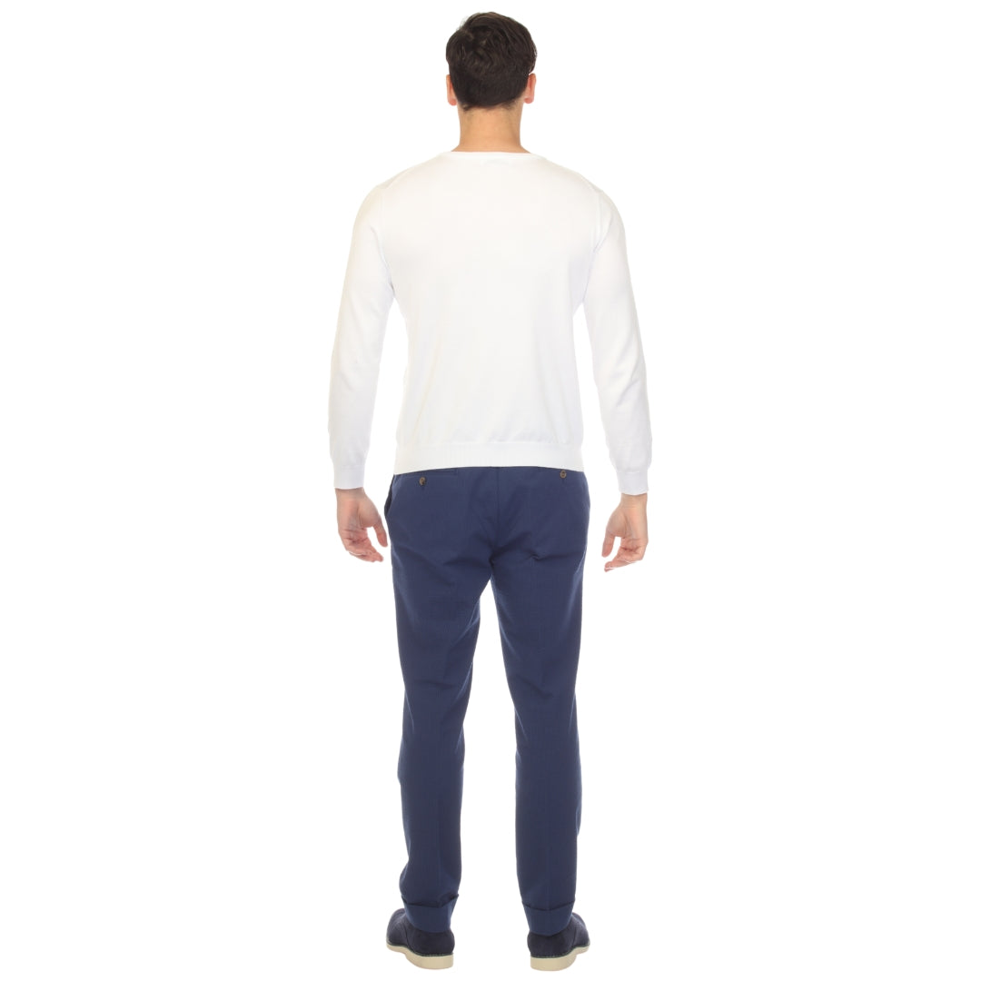 Men's white crewneck knitted pullover sweater with long sleeves, back view