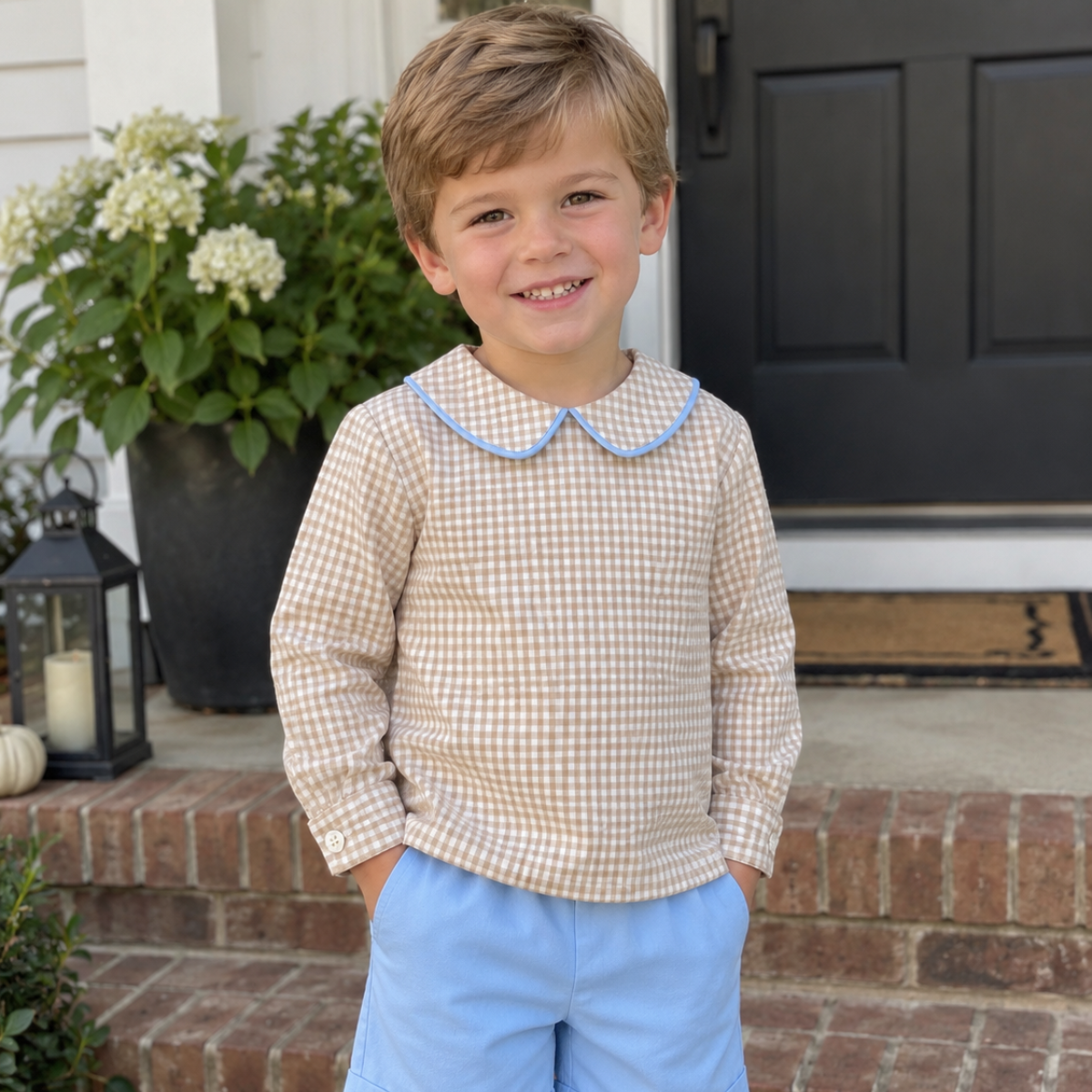 Boys gingham long-sleeve top with blue collar and matching light blue shorts